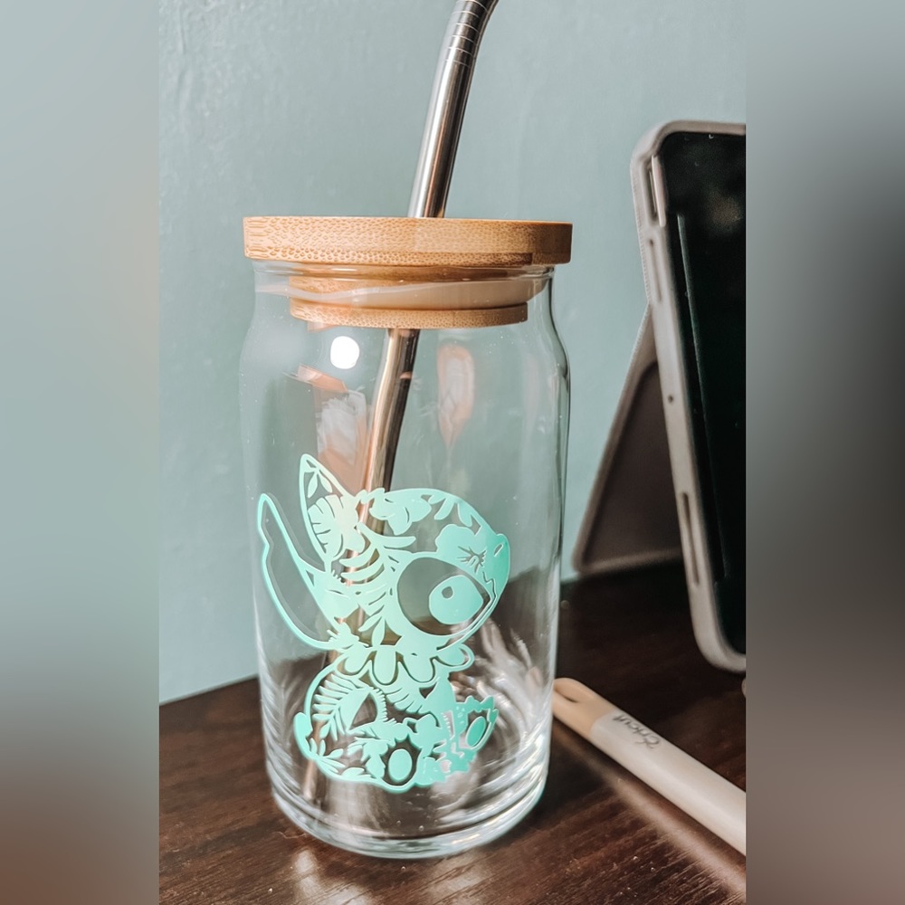 Disney’s Stitch can shaped glass with lid and straw